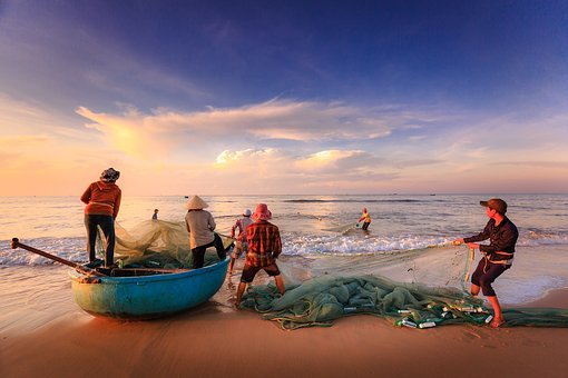 Fishermen, Beach, Boat, Fishing, Sea